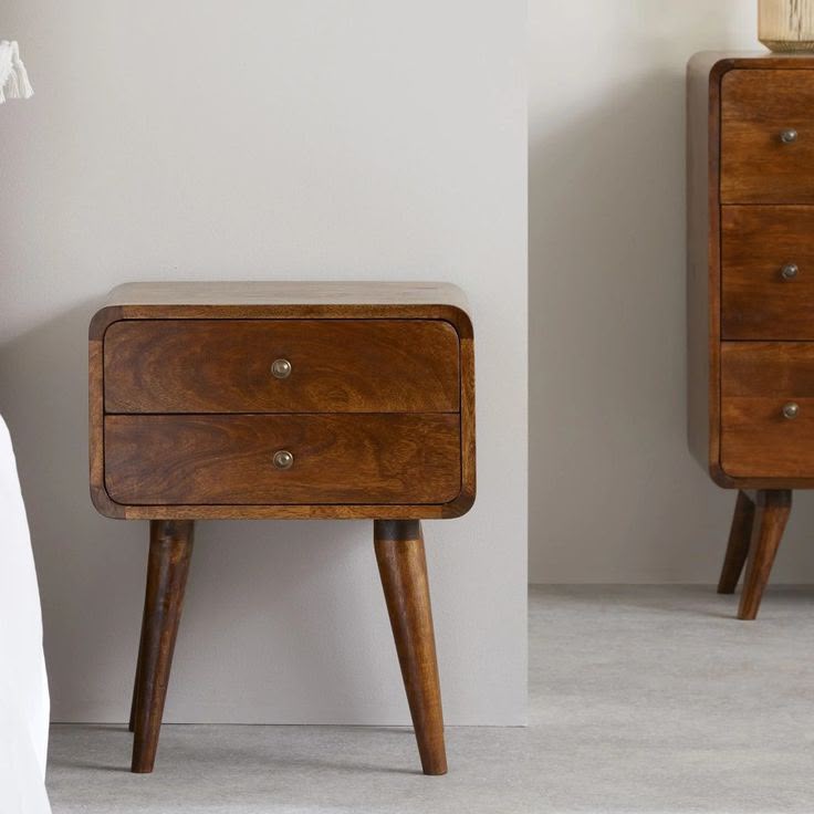 Mid-Century Solid Wood Bedside Table with 2 Drawers