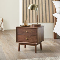 Solid Wood Bedside Table with 2 Drawers – Walnut Brown Nightstand